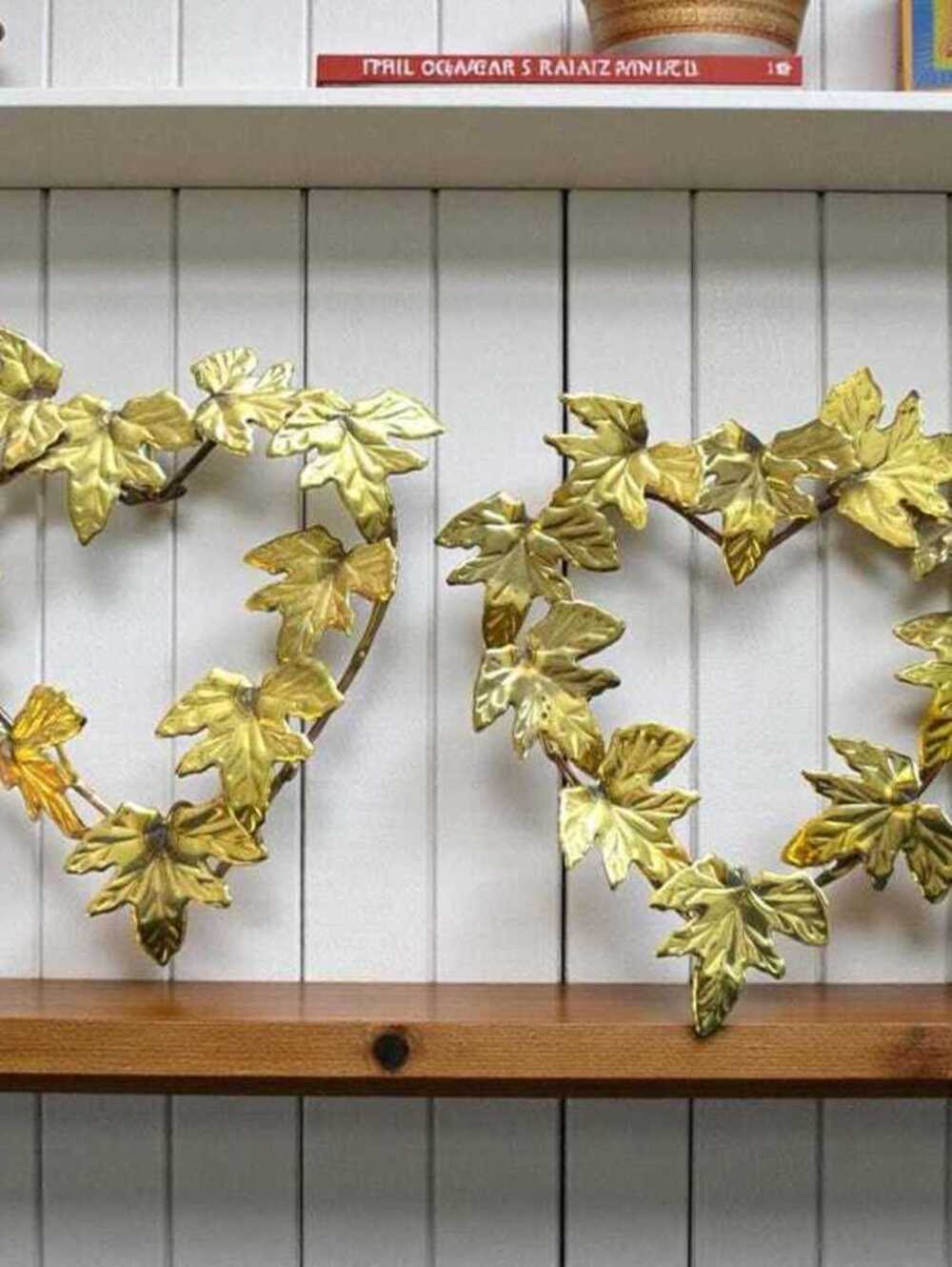 Vintage Brass Heart Wreaths, Pressed Leaf Pair (10 Inch Each)